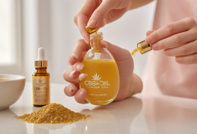 Pouring CBD isolate concentrate into a dropper bottle by the measurement line